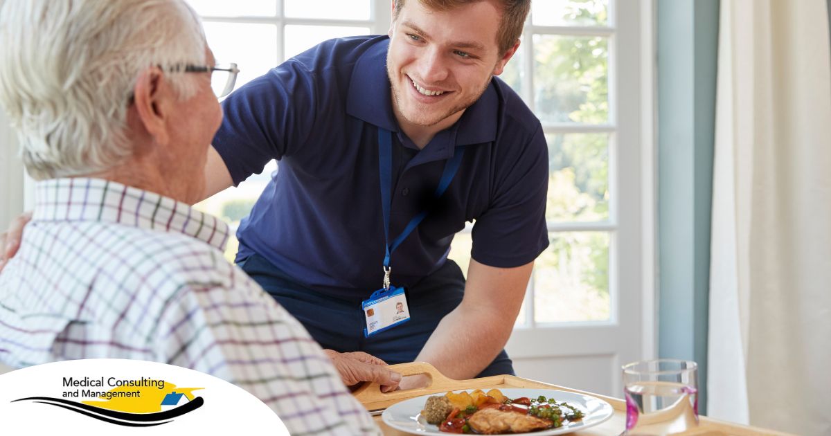 Professional caregiving involves helping clients with iADLs and ADLs as demonstrated by this caregiver helping a client by bringing a meal.