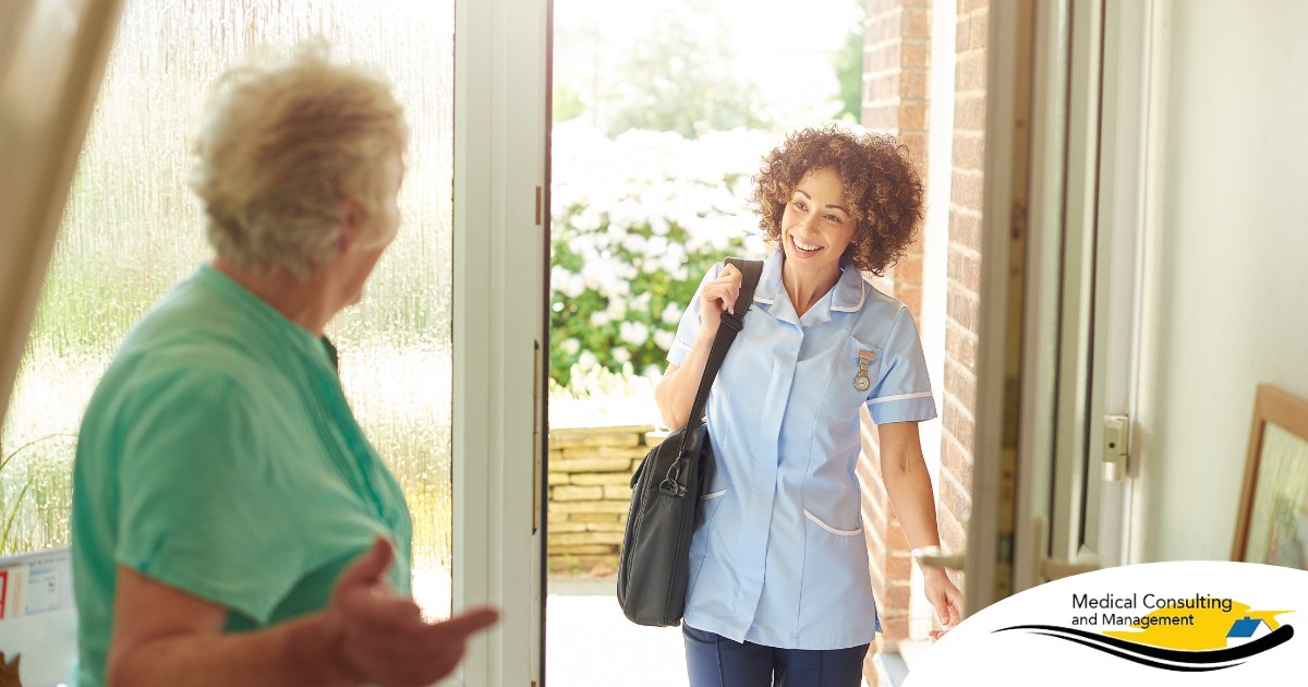 A caregiver comes in to see a client at home representing senior home care and the services offered.