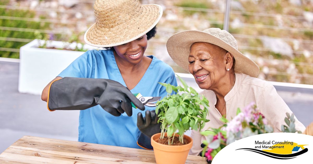 Caregiver and Senior gardening as part of companion care activities.