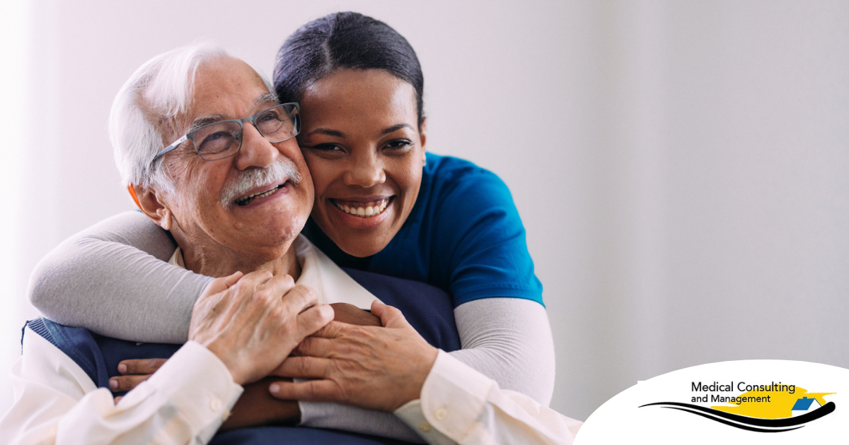 a graphic showing What a Week of Elder Care at Home Really Looks Like with a smiling caregiver and client.