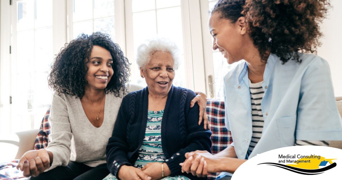 Caregiver talking to a family about Elderly Care
