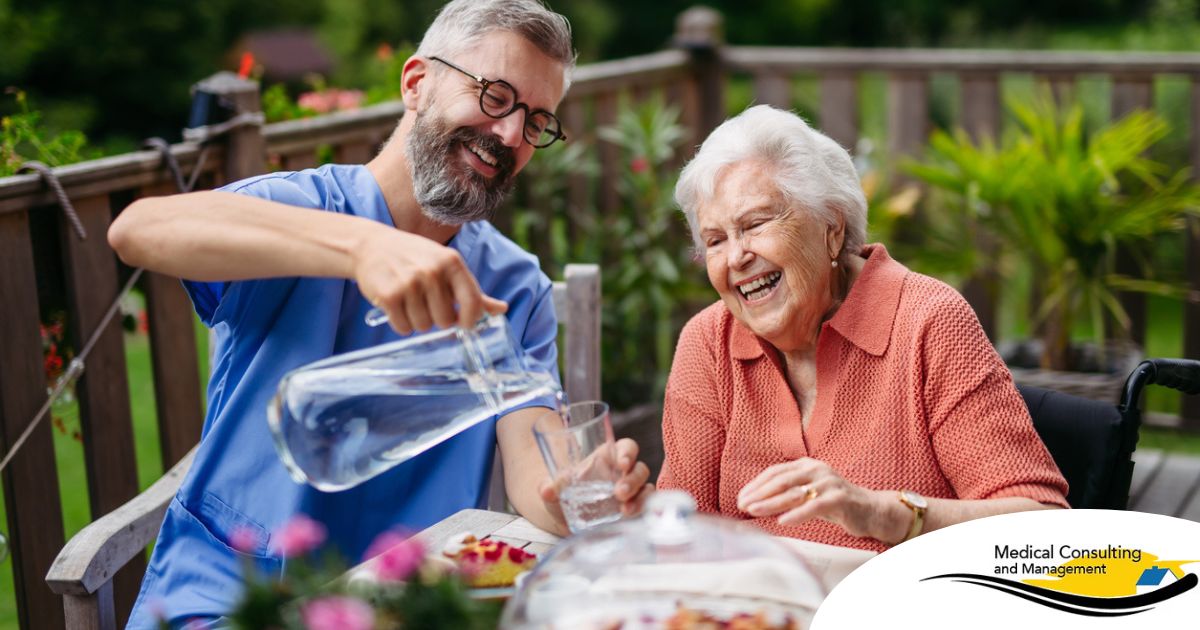 A caregiver applies summer Caregiving Tips including helping a senior stay hydrated.